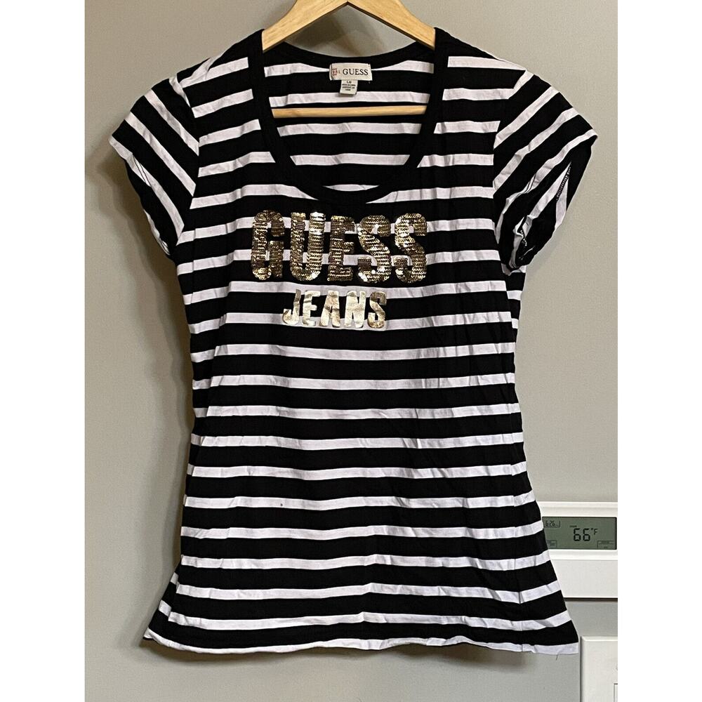Guess Top Classic‎ Nautical Stripe Gold Lettering Short Sleeve Tee Large EUC